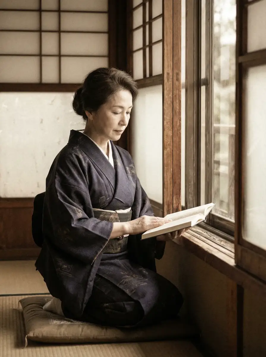 一位优雅的五十岁 晚娘2未删减版 身穿深蓝色和服，在窗边静读